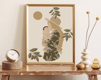 May include: A digital illustration of a woman in a wide-brimmed hat holding a baby. The woman is wearing a green and white patterned dress. The background is a light beige with a brown circle and green leaves.