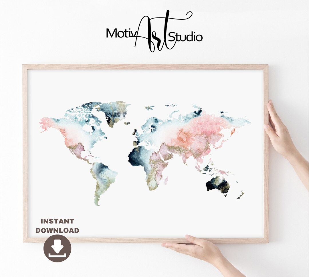 Watercolor World Map Print: Pink, Navy, and Gold Abstract Art (digital ...