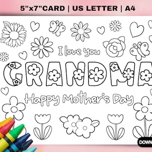 Printable Grandma Mothers Day coloring Card for kids. Mothers day DIY gift. Craft classroom for grandmother. Children’s Mothers Day DIY card