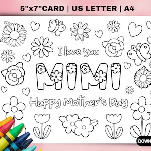 Tarjeta para colorear del Día de la Madre de Mimi, regalo de los nietos. Regalo DIY para el Día de la Madre. Clase de manualidades para la abuela. Tarjeta infantil del Día de la Madre para Mimi.