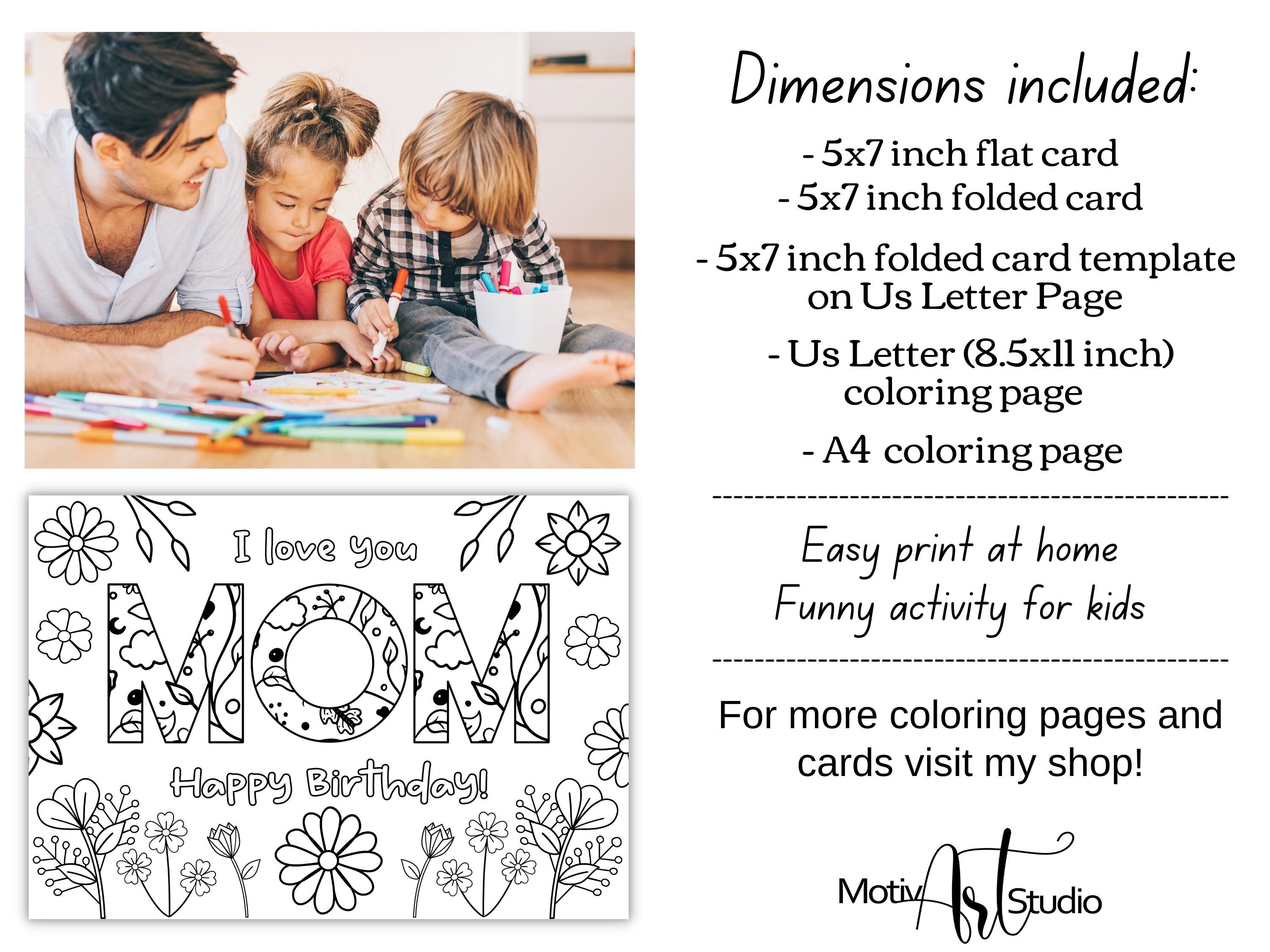 Printable Coloring Birthday Card for Mom. Cute Mom Birthday | Etsy