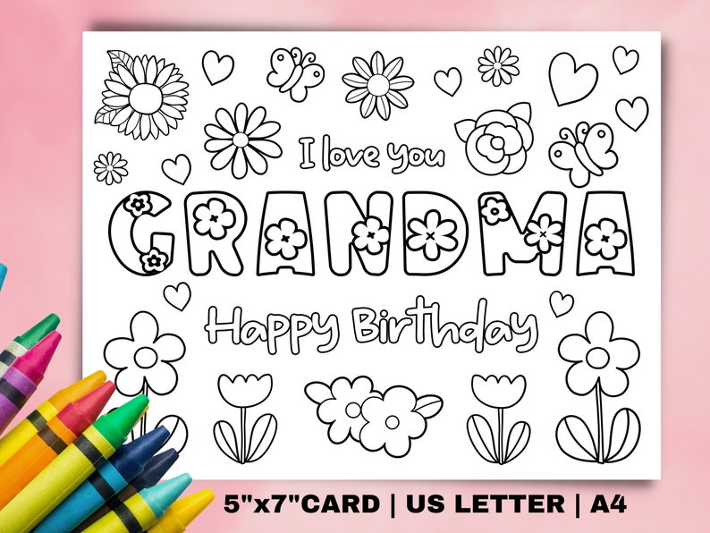 Printable coloring Birthday Card for Grandma. Grandmother Birthday Card DIY gift. Kids craft for grandma birthday Instant download card image 1