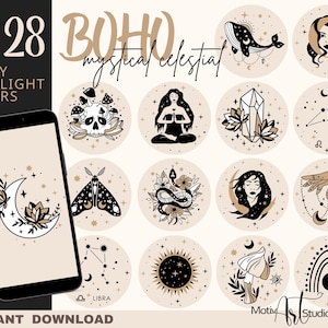 May include: Set of 28 boho mystical celestial Instagram story highlight covers. The covers feature illustrations of moons, stars, crystals, snakes, moths, mushrooms, and more. The covers are in black and white with gold accents.