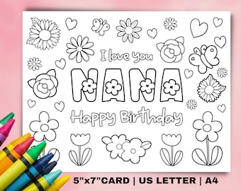 Printable Birthday Card for Nana: Kids Coloring DIY Gift (Digital Download)