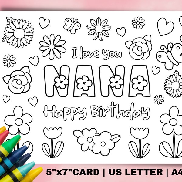 Printable coloring Birthday Card for Nana. Grandmother Birthday Card DIY gift. Kids craft for grandma birthday. Instant download card