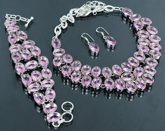 Handmade Pink Kunzite Jewelry Set: Sterling Silver Necklace, Bracelet & Earrings