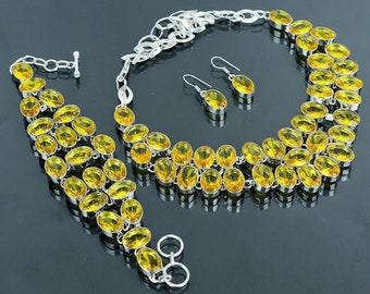 Facettierte Citrin Schmuck Set: Sterling Silber Halskette, Armband & Ohrringe