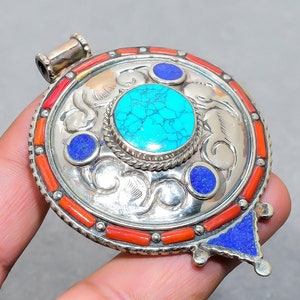 Handmade Nepali Turquoise, Coral & Lapis Lazuli Tibetan Silver Pendant