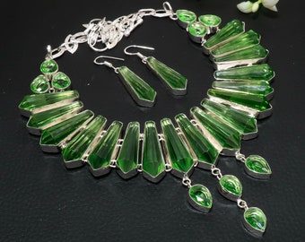 Faceted Green Amethyst Necklace: Handmade 925 Sterling Silver Pencil Shape Gemstone Jewelry