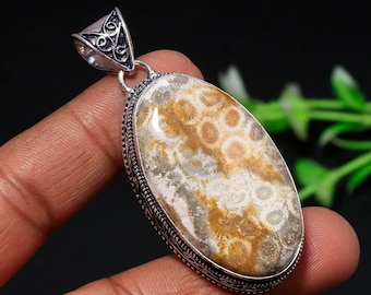 Handgemachte Fossil Koralle 925 Sterling Silber Anhänger - Vintage Style