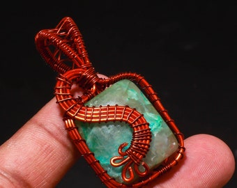 Handcrafted Chrysoprase Pendant: Green Gemstone, Copper Wire Wrap