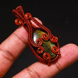 Handmade Iron Tiger&#39;s Eye Pendant: Copper Wire Wrapped Gemstone Jewelry