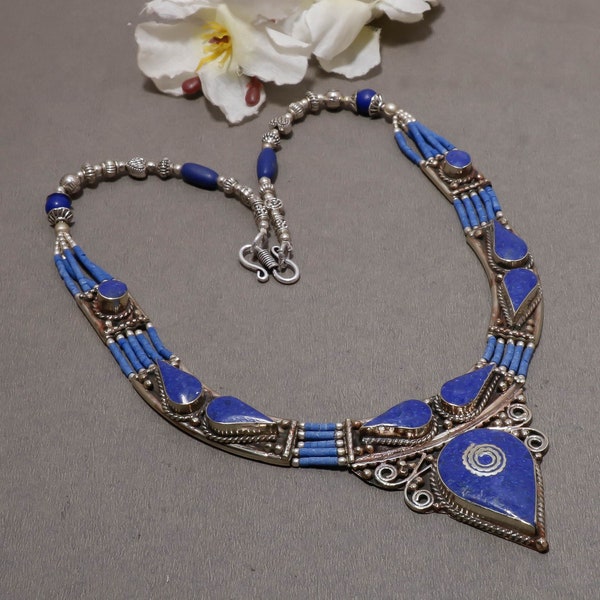 Lapis Lazuli Handmade Bohemian Necklace Nepalese Gemstone Fashion Ethnic Valentine's Day Gift For Her Tribal Nepali Beaded Jewelry Necklace