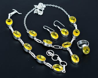 Faceted Citrine Jewelry Set: Handmade Sterling Silver Necklace, Bracelet, Earrings, Ring