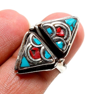 Adjustable Turquoise Coral Ring: Bohemian Silver Plated Jewelry