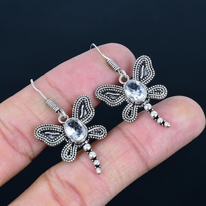 White Topaz Dragonfly Earrings: Handmade 925 Sterling Silver Dangle Jewelry