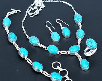 Santa Rosa Turquoise Jewelry Set: Handmade Sterling Silver Necklace, Bracelet, Ring, Earrings
