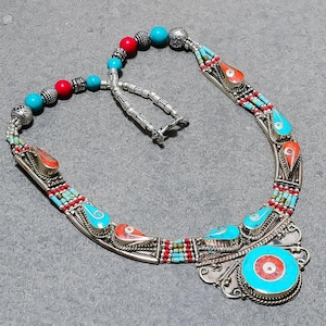 Red Coral & Turquoise Tibetan Silver Necklace: Handmade Nepali Jewelry