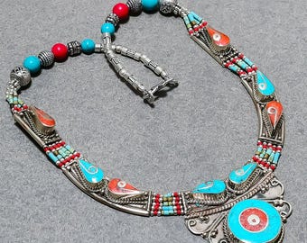 Red Coral & Turquoise Tibetan Silver Necklace: Handmade Nepali Jewelry