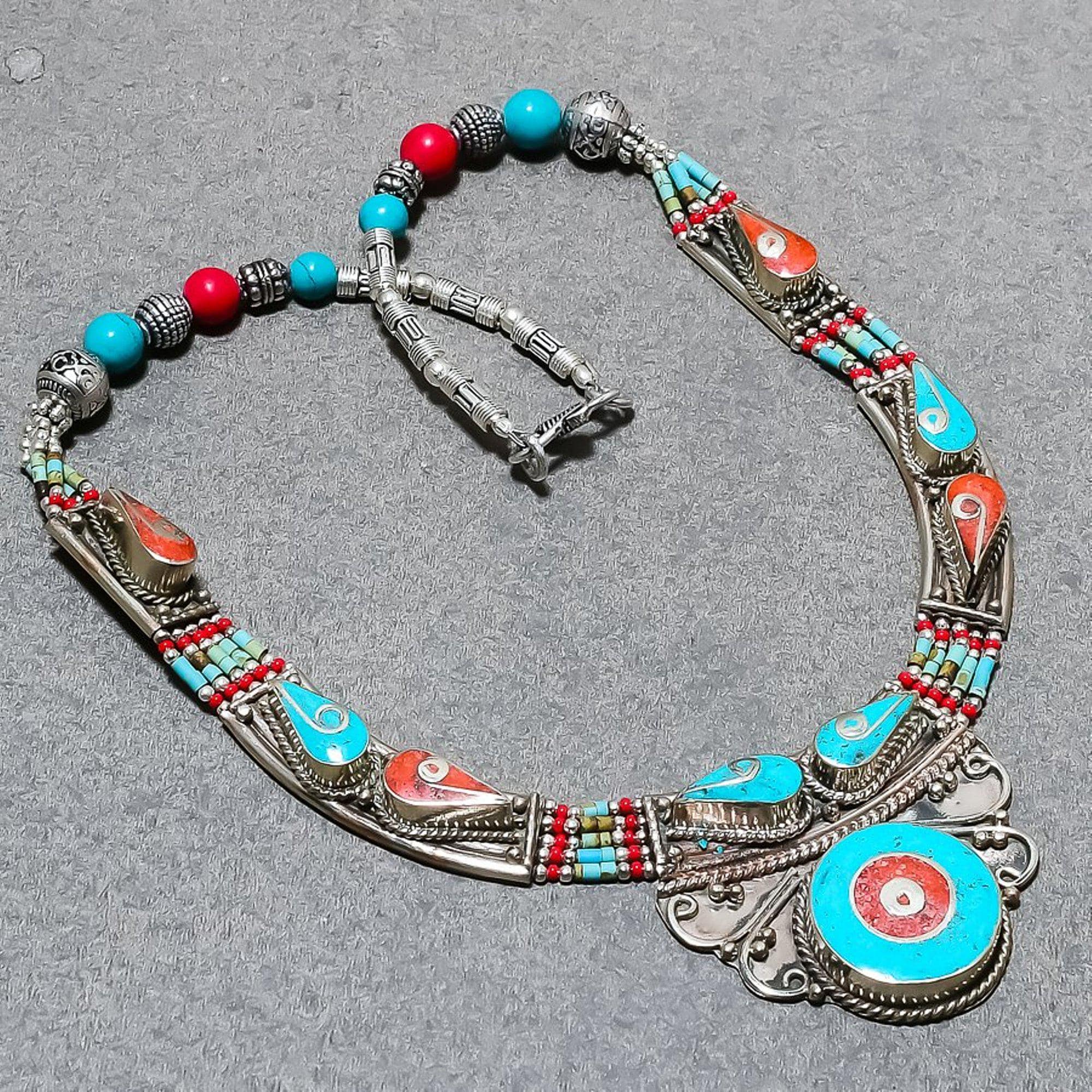 Collier Ethnique Népalais Argent 925 - Corail Naturel Et Turquoise - Longueur 45 Cm