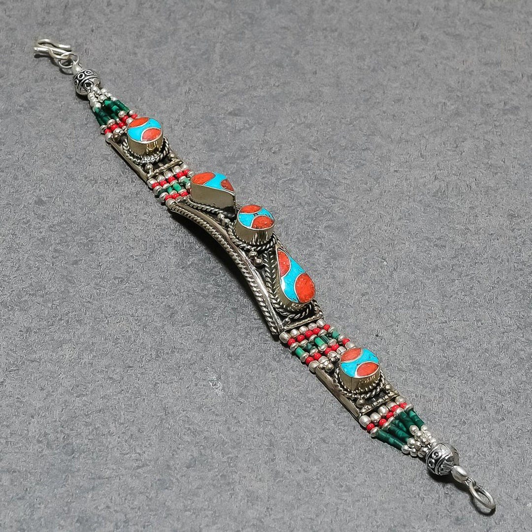 Bracelet Ancien Corail Rouge Et Turquoise Argenté - Style Tibétain Handmade