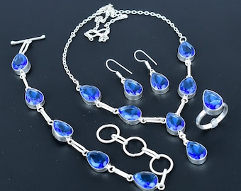 Ensemble de bijoux fait main en quartz tanzanite poire : collier, bracelet, boucles d'oreilles, bague en argent sterling