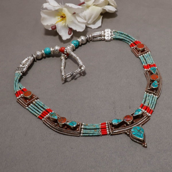 Tibetan Turquoise, Red Coral Handmade Jewelry Bohemian Nepalese Gemstone Ethnic Tribal Nepali Beaded Jewelry Necklace Christmas Gift For Her