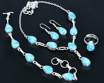 Parure en larimar : collier, bracelet, bague, boucles d'oreilles en argent sterling en forme de poire