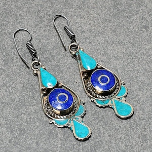 Handmade Lapis Lazuli Turquoise Tibetan Silver Drop Earrings