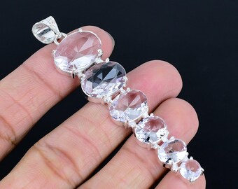 Ciondolo solitario con topazio bianco sfaccettato: argento sterling fatto a mano, 3,2 pollici