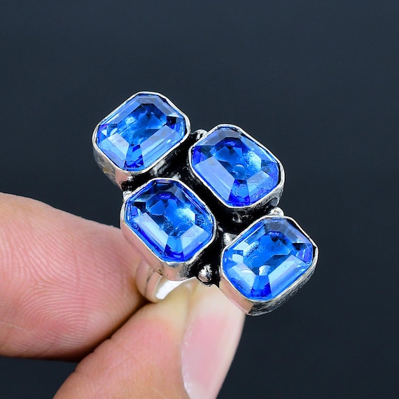 Bague Réglable En Quartz Tanzanite Bleu - Création Lab, Plaque Argent - Fait Main Inde - Neuf