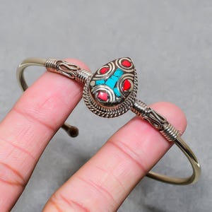 Turquoise & Red Coral Tibetan Silver Bangle: Handmade Nepali Bracelet