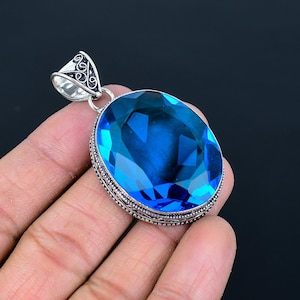 Facetterad London Blå Topas 925 Sterling Silver Hänge - Vintage Handgjorda Smycken