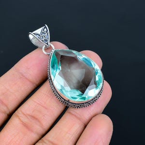 Aqua Apatite Pear Pendant: Handmade 925 Sterling Silver Vintage Jewelry