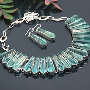 Faceted Swiss Blue Topaz Necklace With Earrings 925 Sterling Silver Jewelry Adjustable Chain Necklace Pencil Shape Gemstone Handmade Jewelry