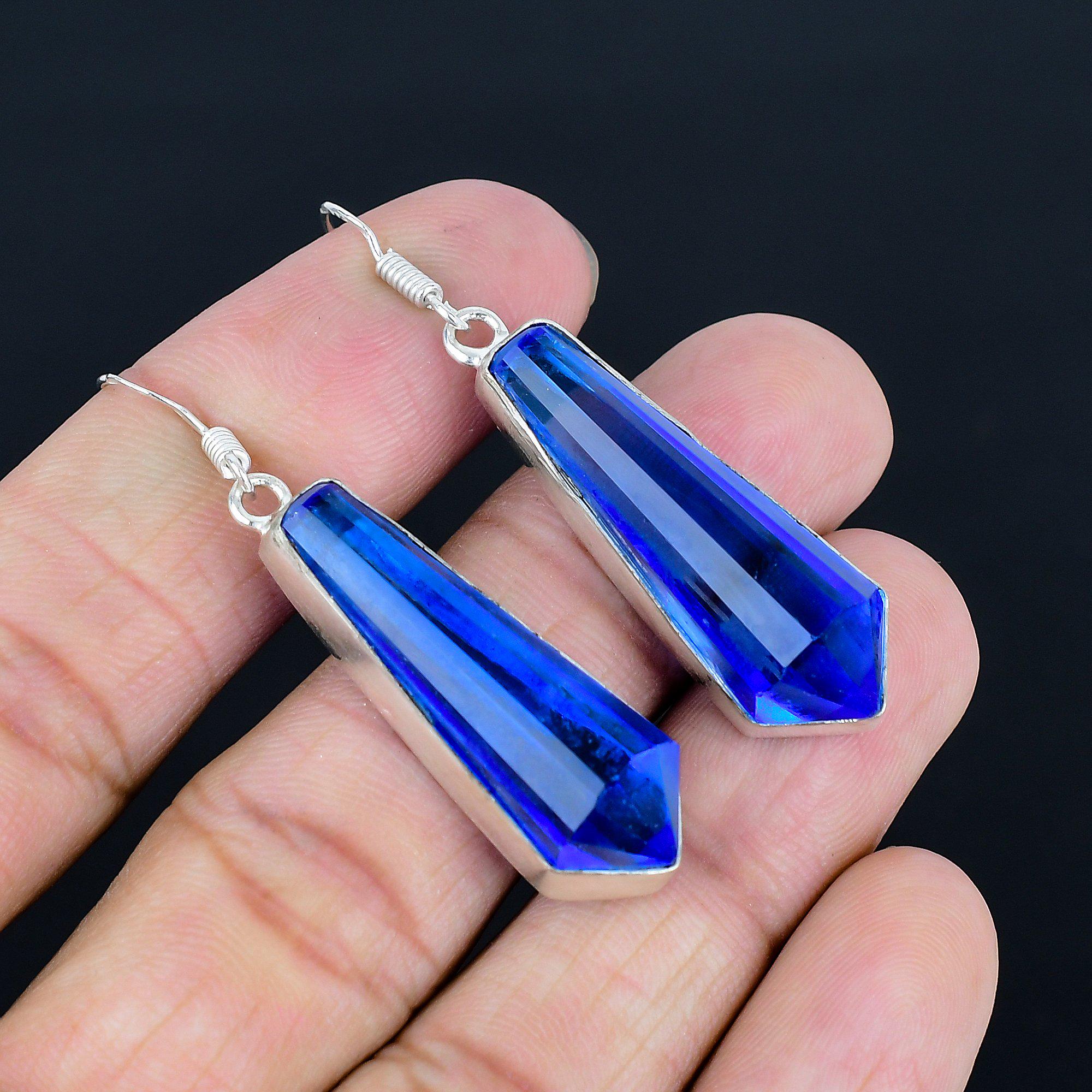 Faceted Tanzanite Quartz Earrings: 925 Sterling Silver Dangle