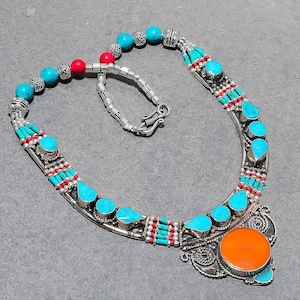 Coral Turquoise Tibetan Silver Necklace: Nepali Ethnic Beaded Jewelry