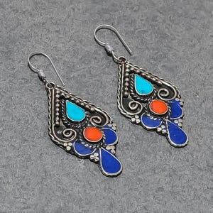 Handmade Nepalese Turquoise, Coral & Lapis Lazuli Tibetan Silver Earrings