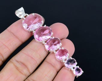 Pendentif kunzite rose à facettes : solitaire en argent sterling, style long