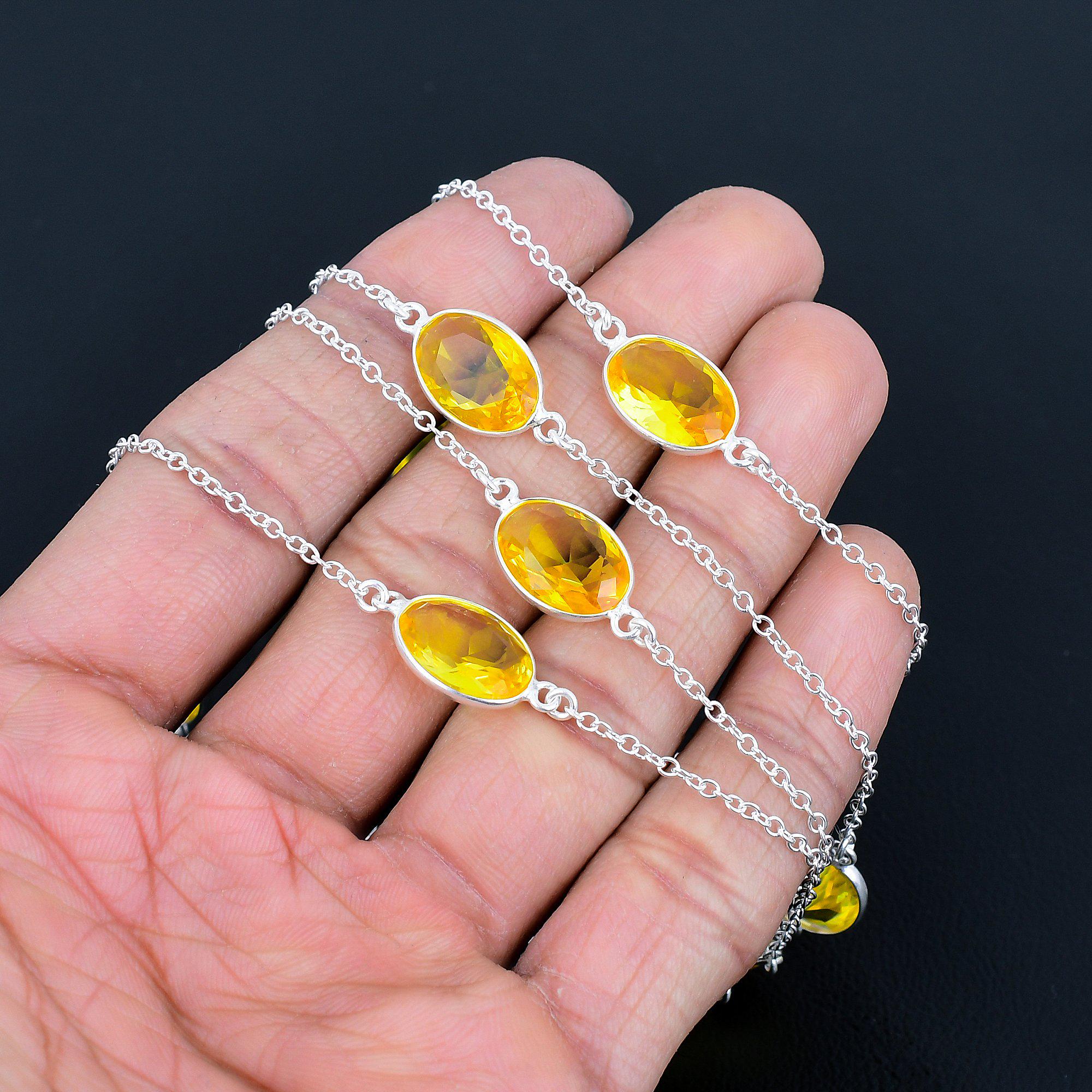 ファセット加工のシトリンネックレス：ハンドメイド925スターリング