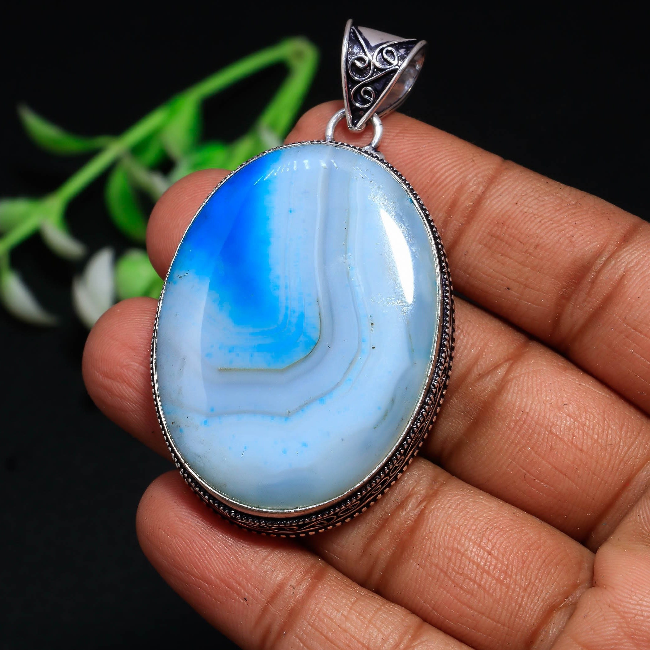 Blue Botswana Agate Pendant: Handmade 925 Sterling Silver, Vintage 