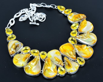 Yellow Mother of Pearl Citrine Necklace: Sterling Silver Adjustable Chain