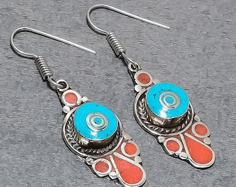 Nepalese Turquoise, Red Coral Earring: Bohemian Tibetan Silver Handmade Ethnic Nepali Jewelry
