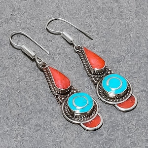 Turquoise Earrings Red Coral Earrings Tibetan Silver Jewelry Handcrafted Drop & Dangle Earrings Nepali Tribal Charm Earrings Gift For Sister