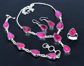 Faceted Kashmiri Ruby Jewelry Set: 925 Sterling Silver Necklace, Bracelet, Ring, Earrings Pear Shape