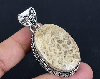 Vintage Fossil Koralle Anhänger: Ovaler Edelstein, 925 Sterling Silber
