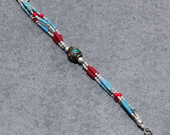 Handgemachtes Türkis & Koralle Perlen Armband: Tibetanischer Silber Boho Schmuck