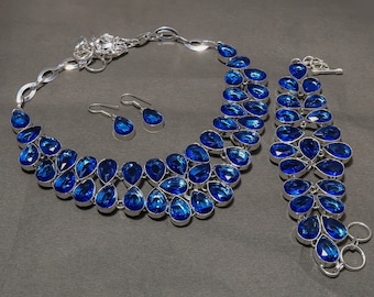 Ensemble de bijoux fait main en quartz tanzanite poire : collier, bracelet et boucles d'oreilles en argent sterling