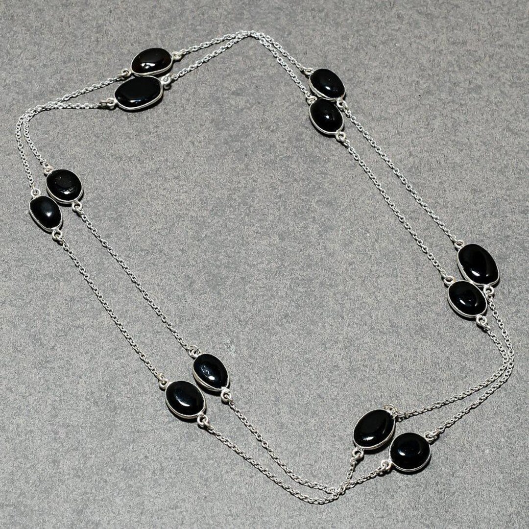 Black Onyx Necklace: Handmade 925 Sterling Silver Chain, 36 Inch