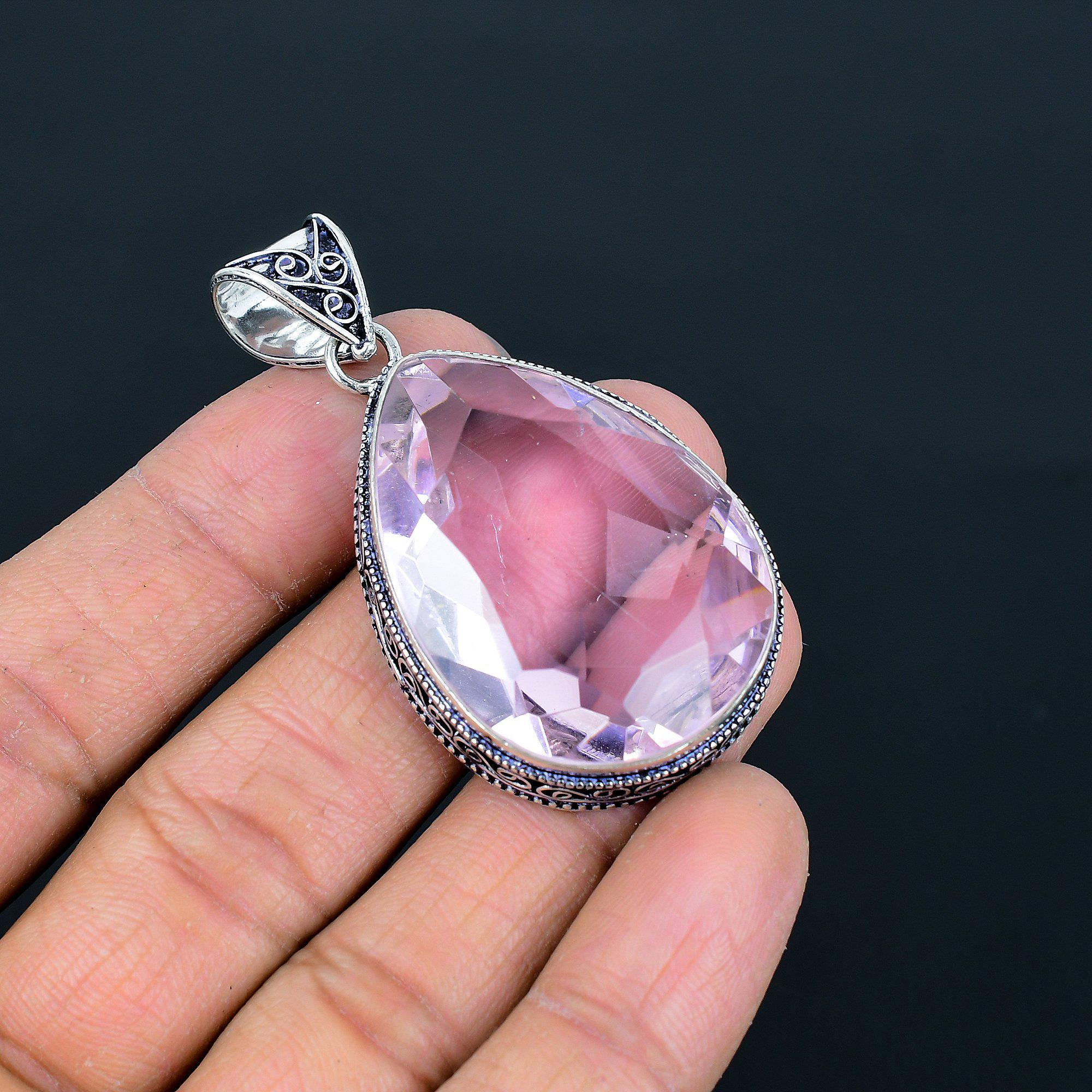 Pendentif Kunzite Rose Forme Poire - Main En Argent Plaqué - Fait Main En Inde - Neuf Sans Emballage